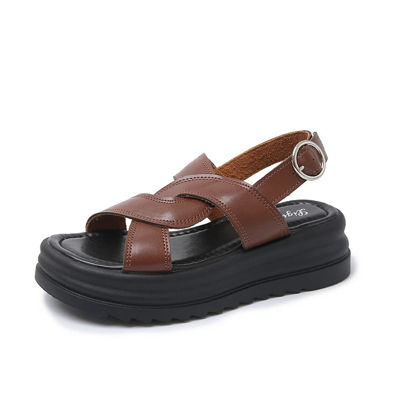 Women's Fashion Sandals New Outer Hollow Breathable Baotou Buckle Roman Shoes Anti-slip 2025 High-heeled Thick-soled Women Shoes Zpaxo Khaki 38