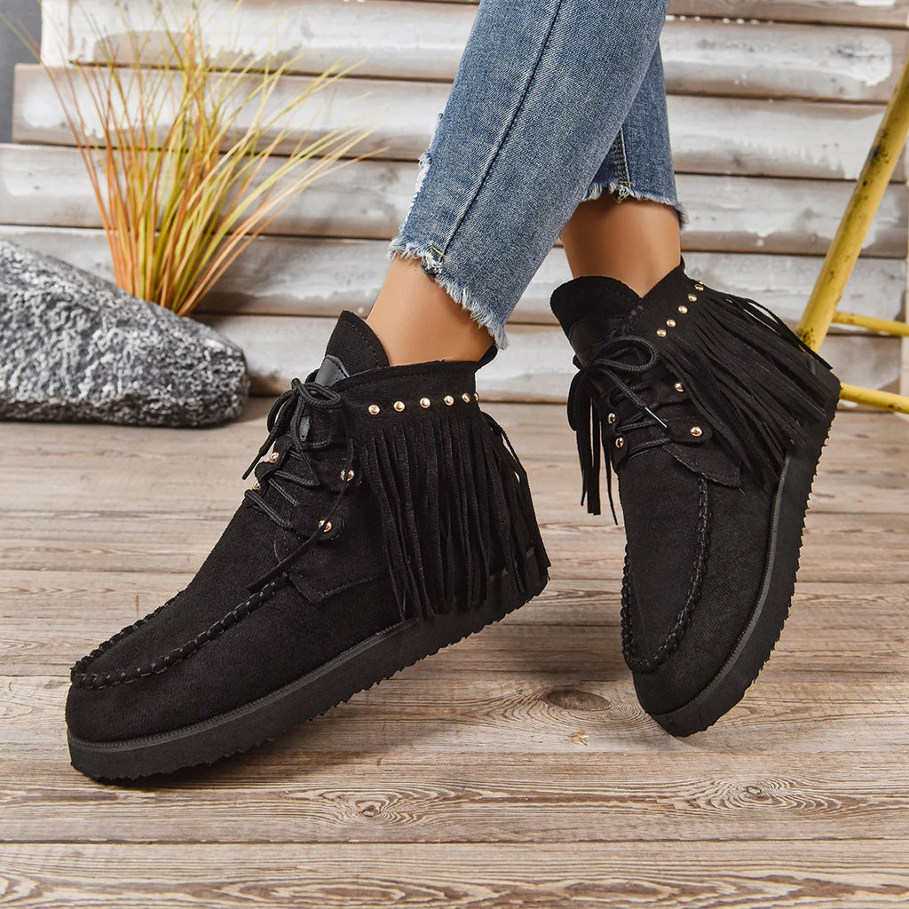 2025 New Women Ankle Boots Round Toe Snow Boots Ladies Retro Outdoor Casual Shoes Fringe Winter Comfortable Luxury Women Shoes Zpaxo