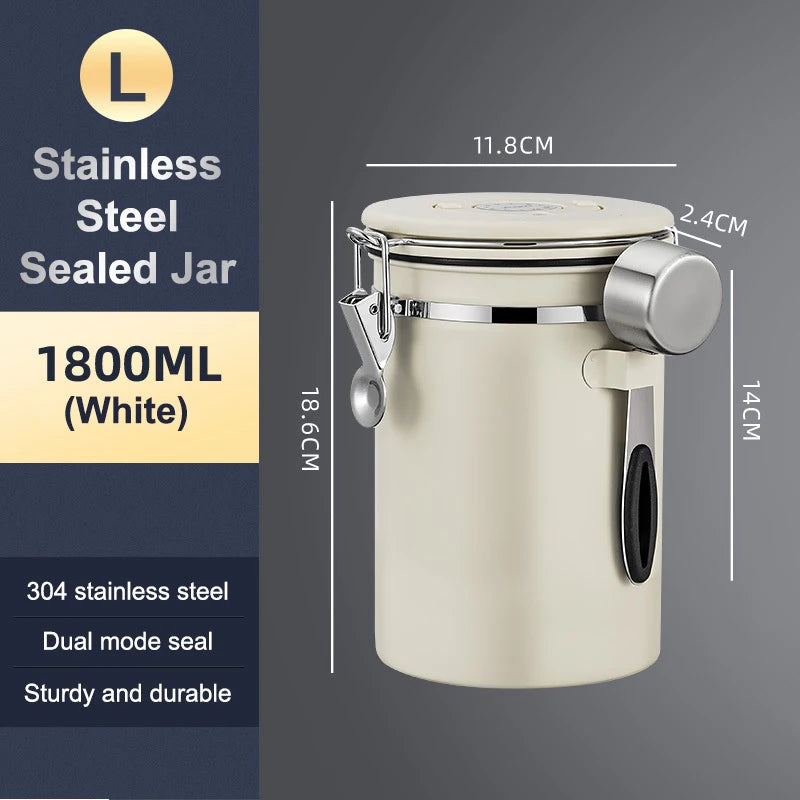1.2 1.5 1.8L Coffee Bean Jar Airtight Canister Sealed Stainless Steel With Spoon One Way Valve Cannister Coffee Storage Kitchen Zpaxo 1800ml White