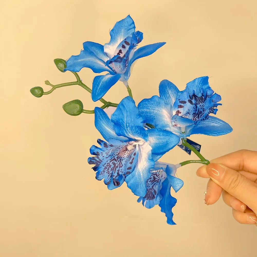 Popular Orchid Flower Fairy Hairpins Spring Summer Artificial Flowers Floral Barrette Wedding Party Hair Clips for Women Girls Zpaxo Blue