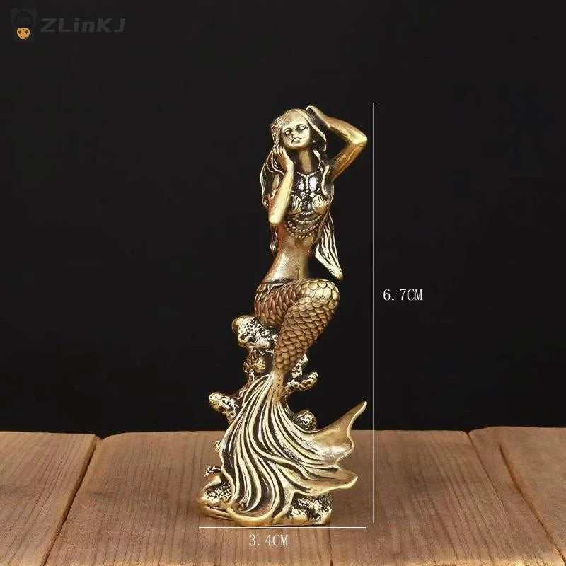 ▶1PCS Mini Brass Mermaid Figurine Fairy Tale Character Mermaid Princess Statue Zpaxo