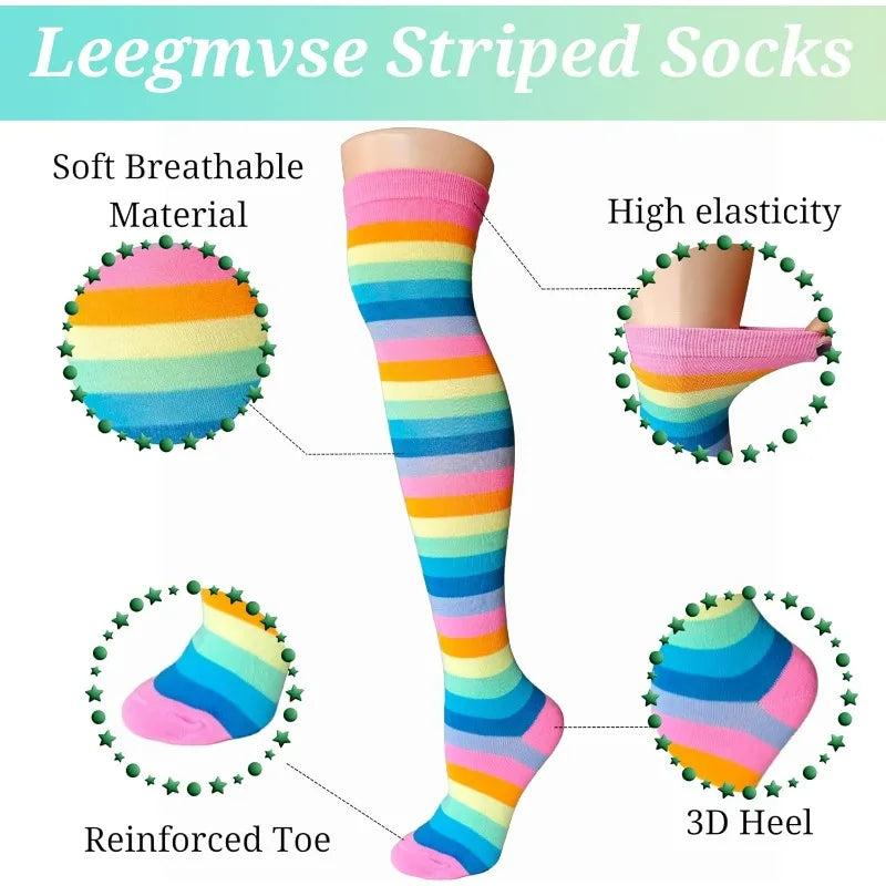 Women's Rainbow Stripe Thigh Socks Length Party Holiday Performance