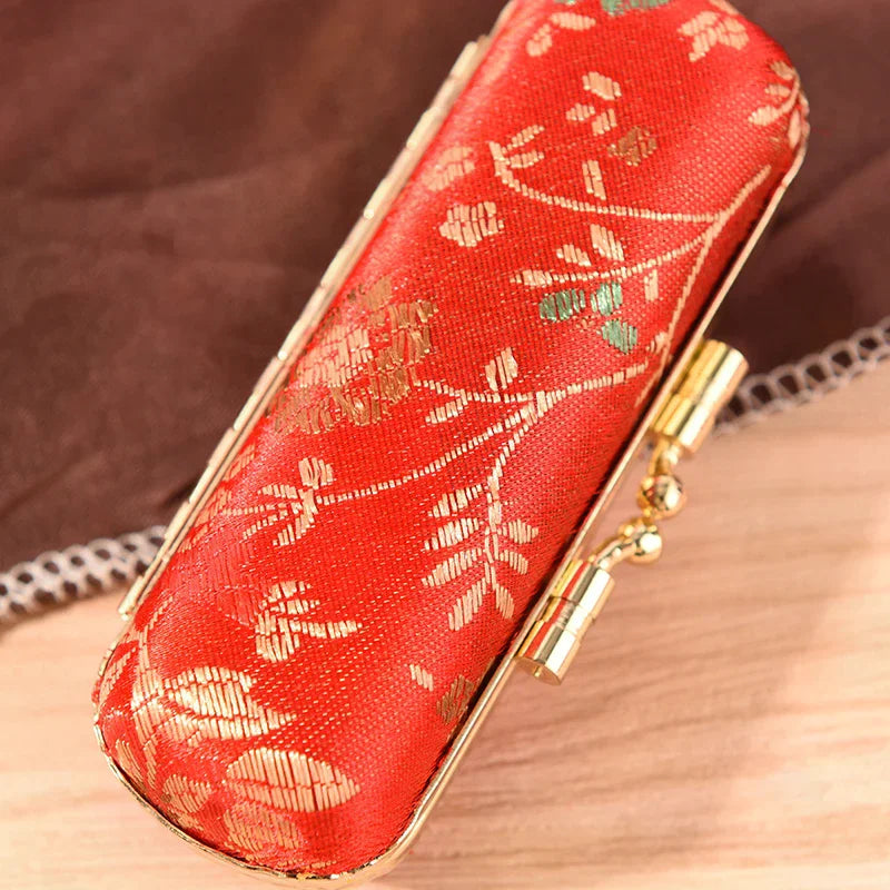 Inside & Snap-On Closure Retro Brocade Embroidered Flower Design Fashion Iron Clip Lipstick Case Holder With Mirror Zpaxo
