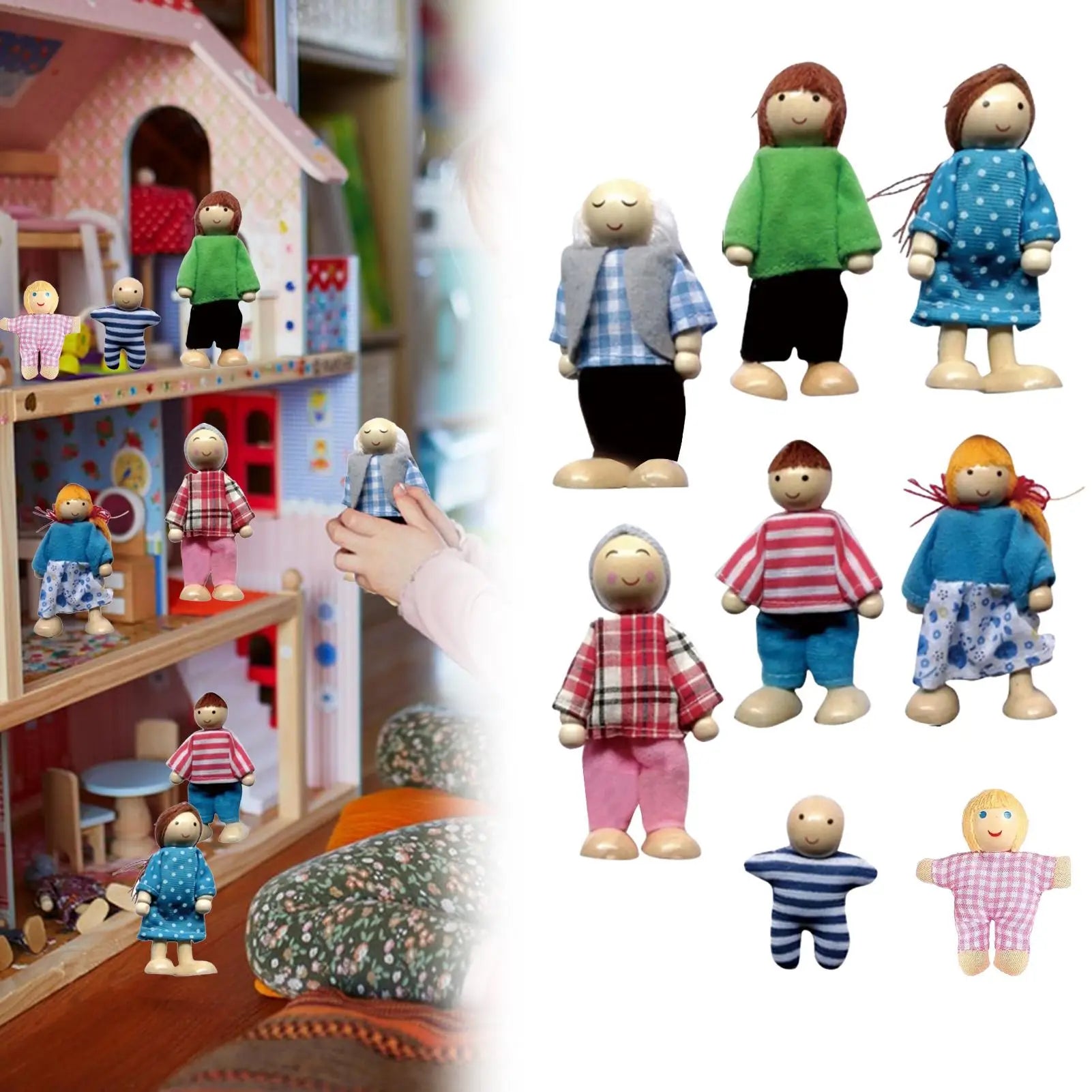 Doll House People 8 Wood Mini Figures Bendable Human Dolls Toddler