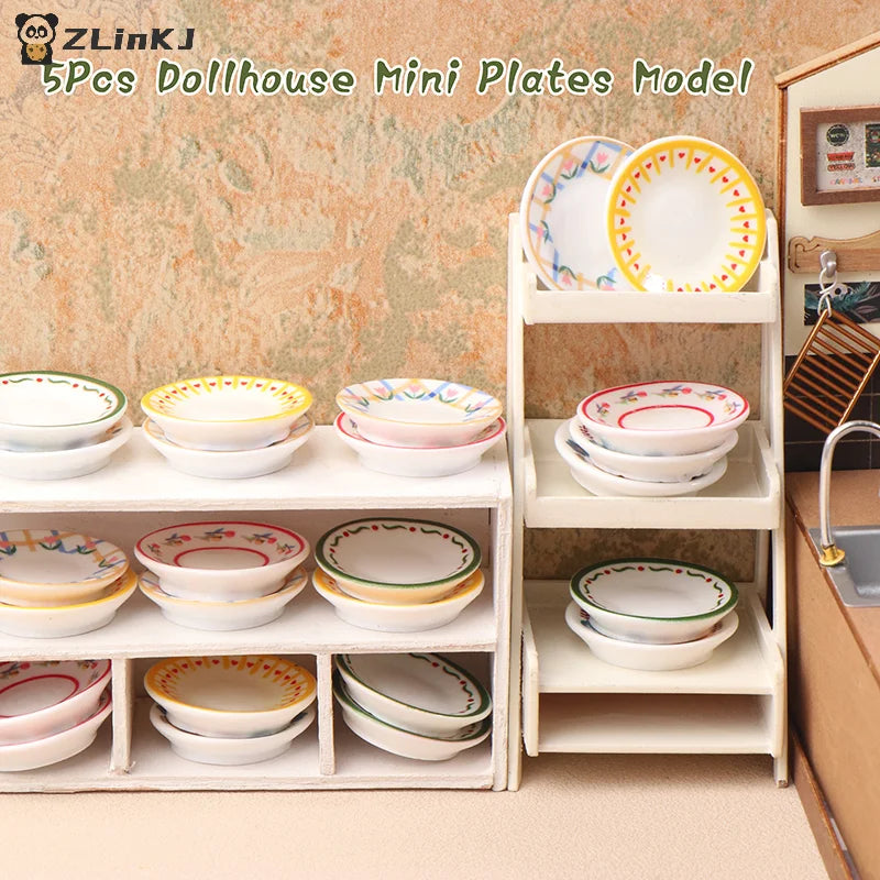 ▶5PCS 1:12 Dollhouse Mini Plates Dishes Model Dollhouse Simulation Kitchen Decoration Dolls House Accessories Pretend Play Toys Zpaxo
