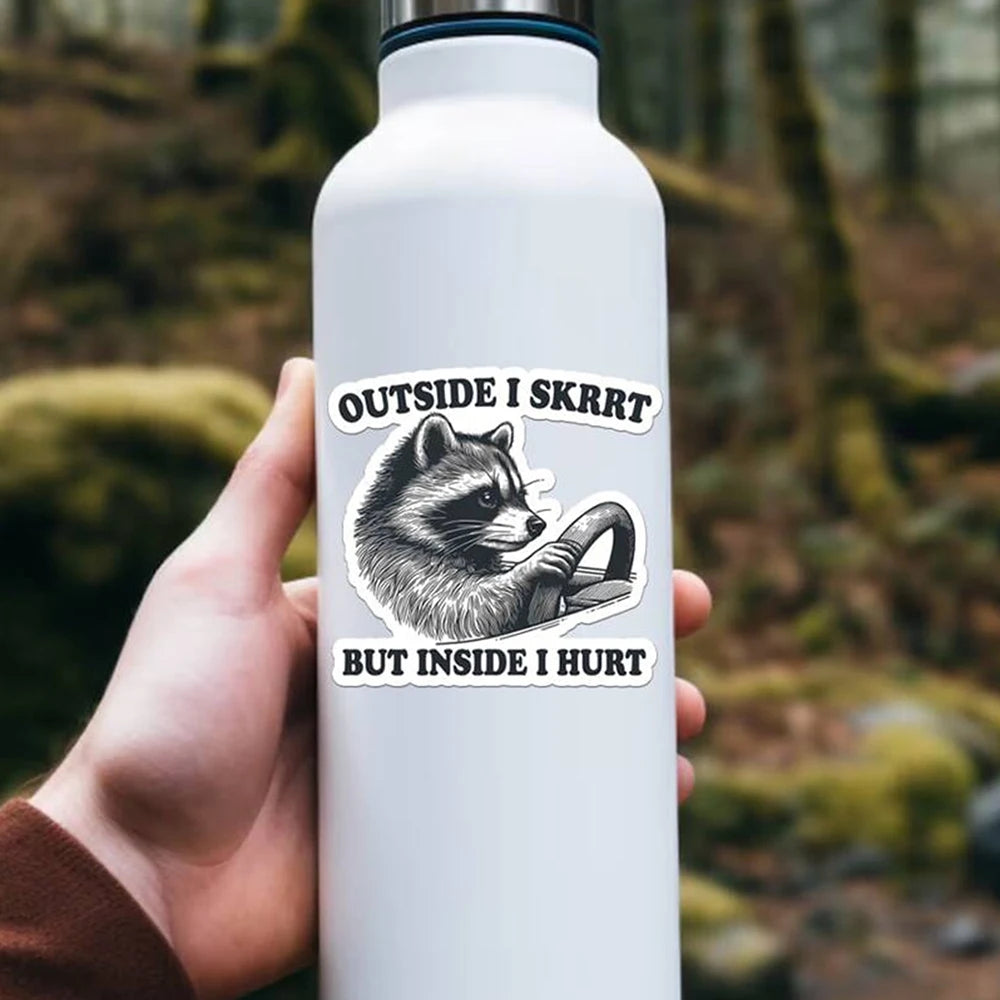 Outside I Skrrt But Inside I Hurt Raccoon Driving Sticker Waterproof Vinyl Sticker Decal for Laptop Water Bottle Phone Car Zpaxo