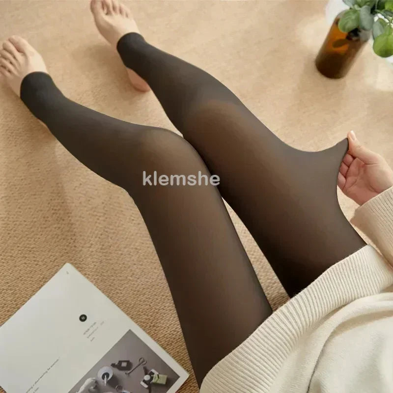 Women's Warm Hot Mesh Fleece Tights Insulated Pantyhose Skin Effect Translucent Stockings Sexy Underwear High Elastic Leggings Zpaxo half foot black 80g no fleece