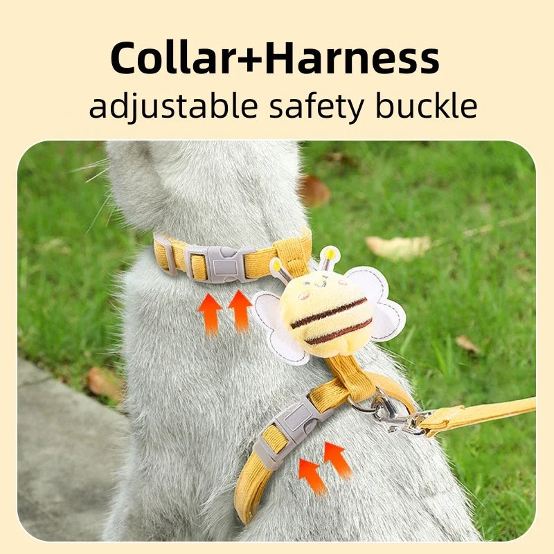 Cat Harness Leash Collar Adjustable Cartoon Bee Double Layer Dog