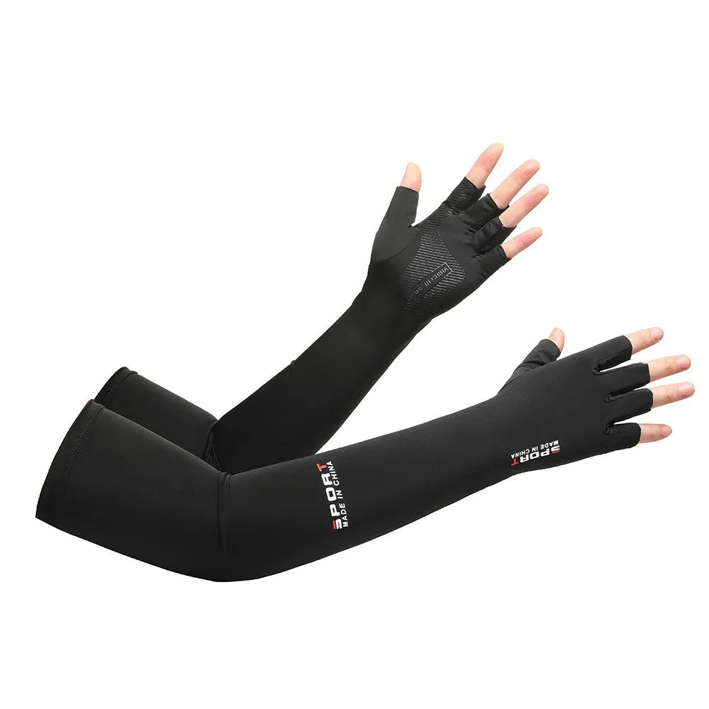 Sunscreen gloves summer ice silk anti UV half finger sleeves men's and women's fishing extended Zpaxo Black sleeve cover