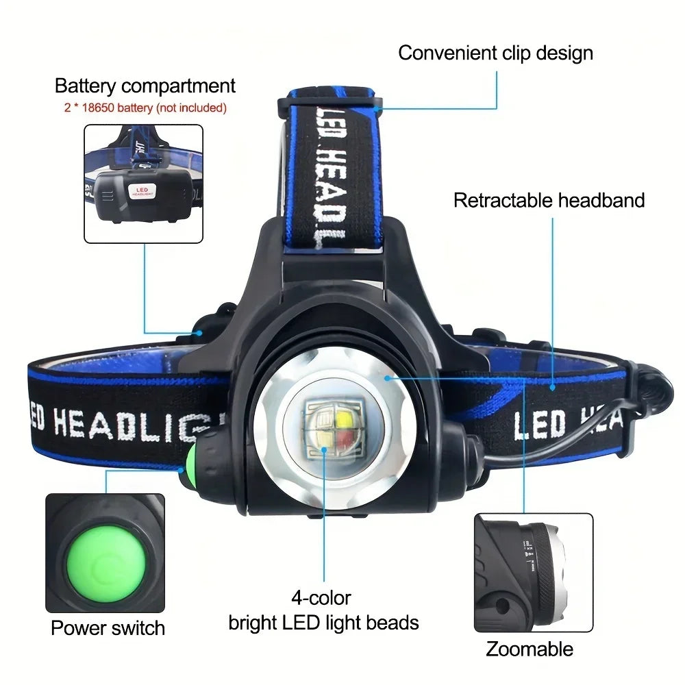 4-in-1 LED Headlamp – Zoomable Rechargeable Multi-Color Headlight