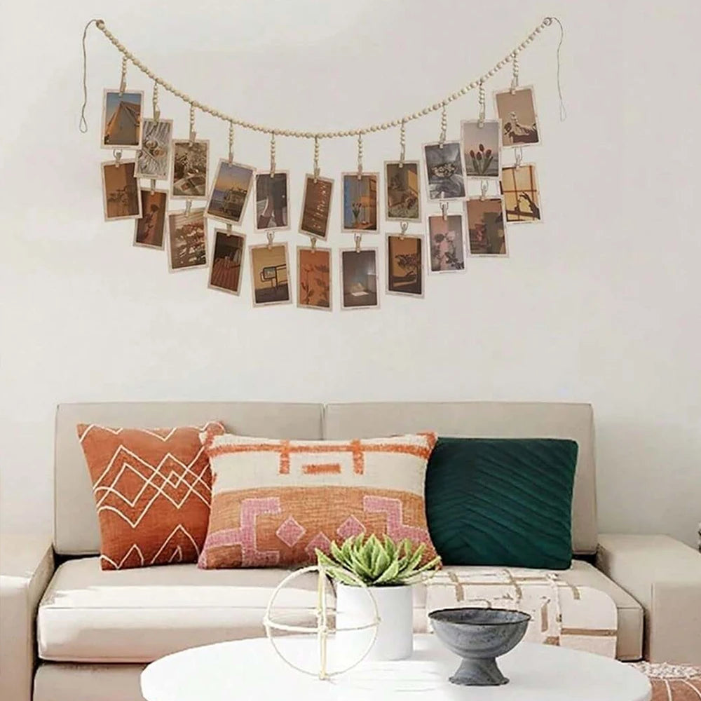 Hanging Photo Display with Wooden Beads Garland 22 Clips Birthday Photo Display Holder Classroom Dorms Bedroom Wall Decor Zpaxo