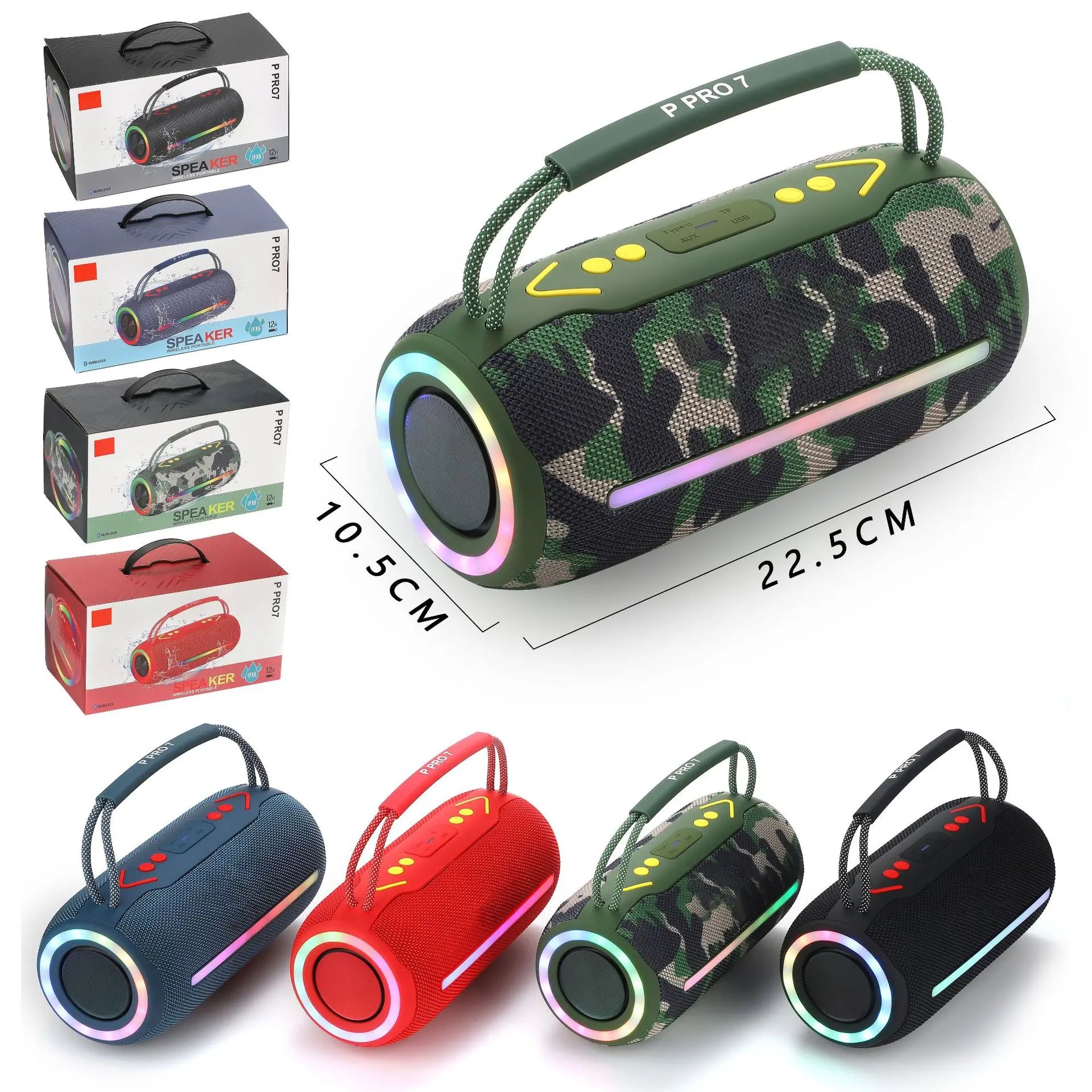 PRO7 BOOMBOX bluetooth speaker portable RGB colorful light waterproof wireless subwoofer 360 stereo surround TWS FM boombox Zpaxo