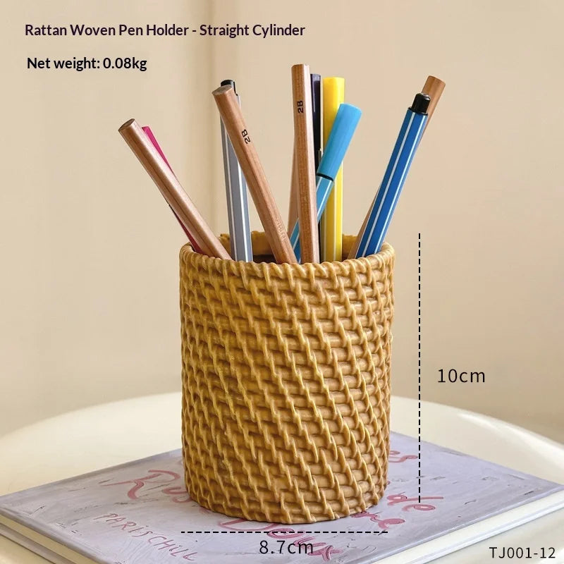 Rattan-Style Round Pen Holder & Makeup Brush Organizer Desk Organizer Zpaxo straight cut