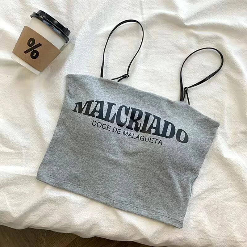 Sexy Crop Tops Women Summer Shirring Sleeveless Slim Camis Tops Bodycon With Chest Pad Letter Fashion Casual Soft Tops Female Zpaxo light gray Uniform size