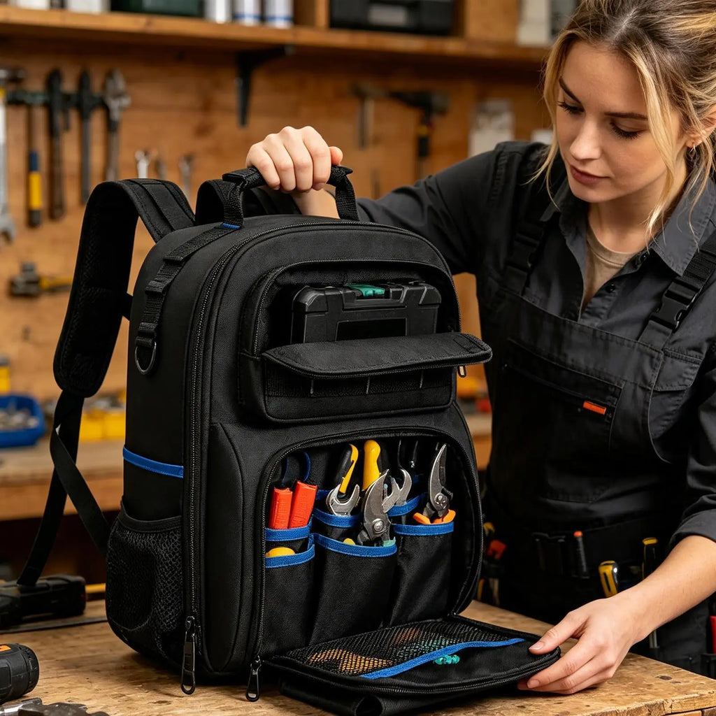 Storage Bag Tool Backpack Heavy Duty Hard Bottom Multiple Pockets