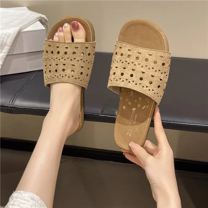 Hollow Out Flat Slippers Pu Leather Summer Sandals 2024 Luxury Design