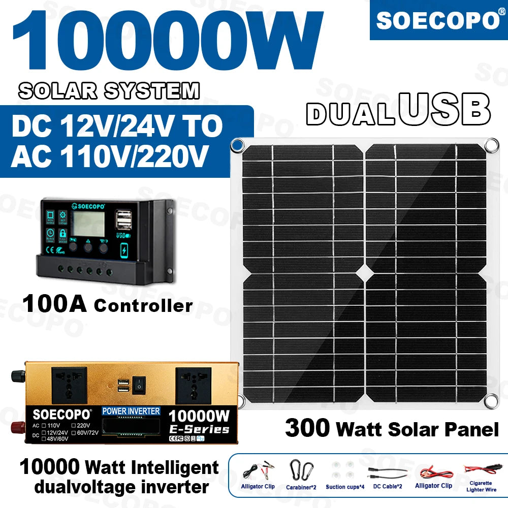 SOECOPO 10000W Solar System Solar Panel +100A Controller Smart Inverter 12V/24V to 110V 220V AC for Home RV Camping CE FCC Zpaxo