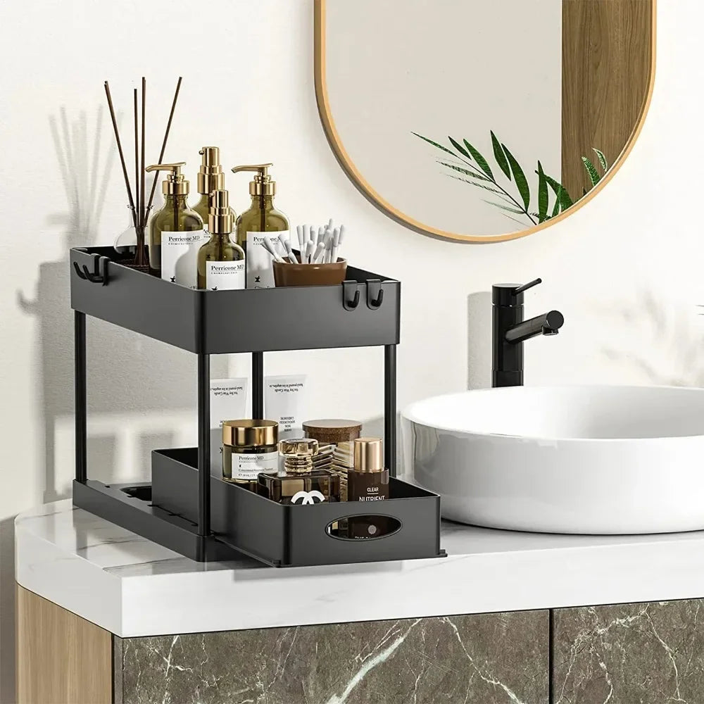 2 Tier Under Sink Sliding Cabinet Basket Organizer Storage Rack with Hooks Hanging Cup Bathroom Multifunctional Storage Rack Zpaxo
