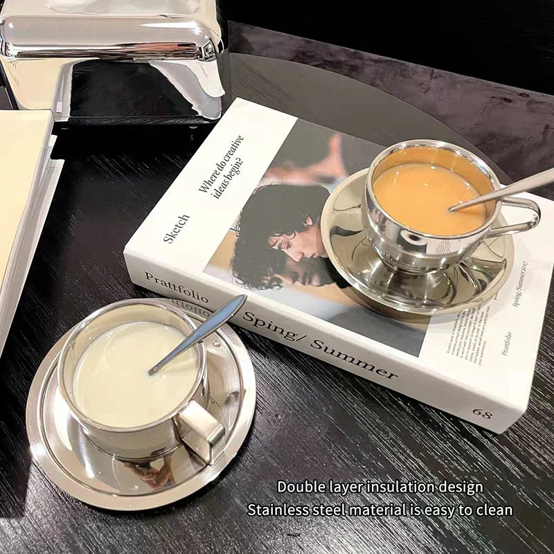 Vintage Stainless Steel Coffee Mug Cups Delicate Coffee Cup And Saucer Set Flower Tea Mug Home Coffeeware Espresso Cups Zpaxo