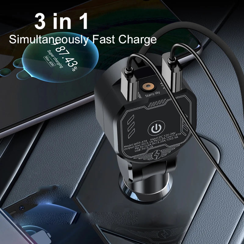 UYUXIO Retractable Car Phone Charger Adapter Starlight Full PD 30W