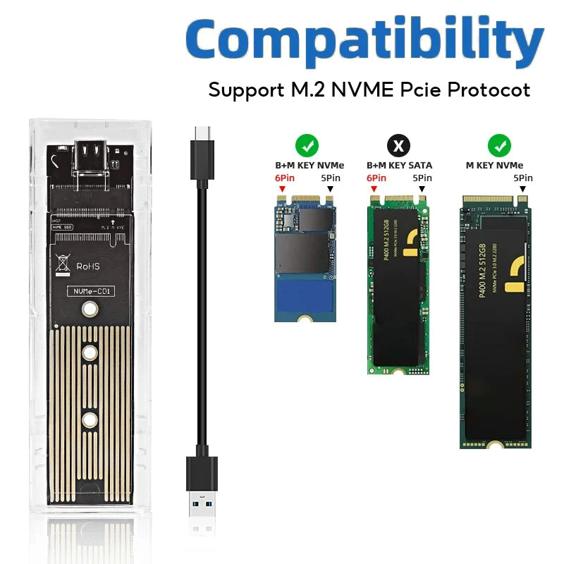 M.2 NVME PCIe NGFF SATA Dual Protocol SSD Case Clear USB Type C 10Gbps PCI-E M2 SSD Transparent External Enclosure Hard Disk Box Zpaxo