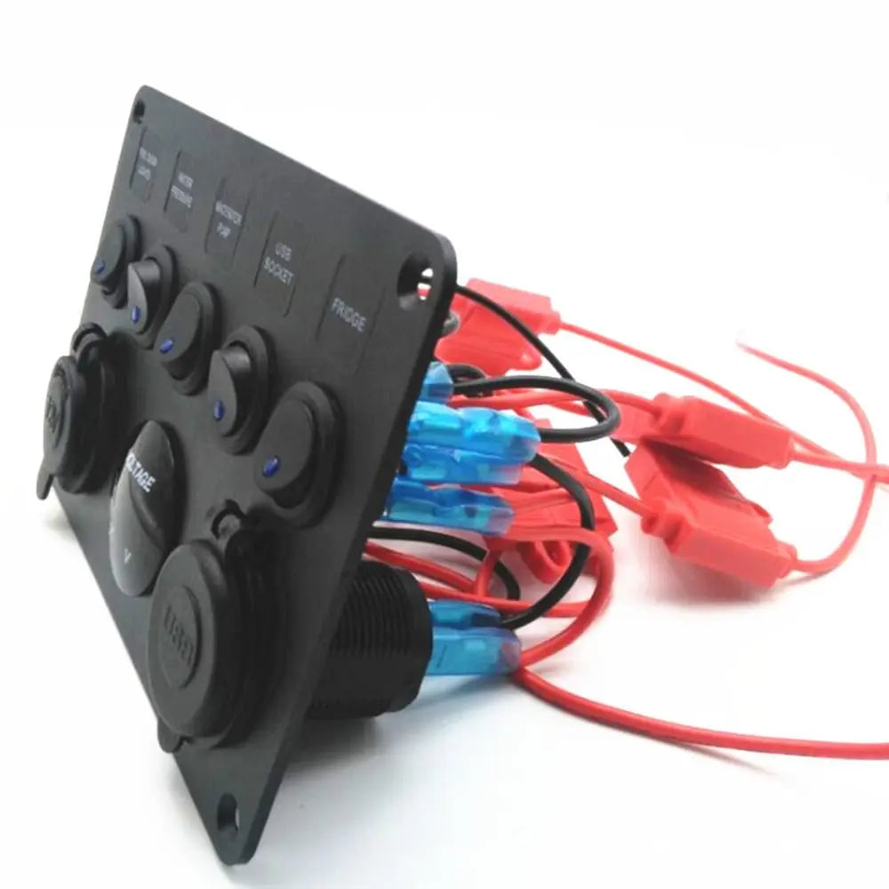 Red/Green/Blue Lights 5 Gang Switch Panel Dual USB Socket Waterproof Inline Fuse Box 12V/24V Digital Voltage Display Zpaxo