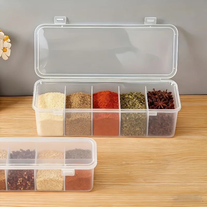 5-Compartment Spice Storage Box Lid Large Organizer Salt Pepper