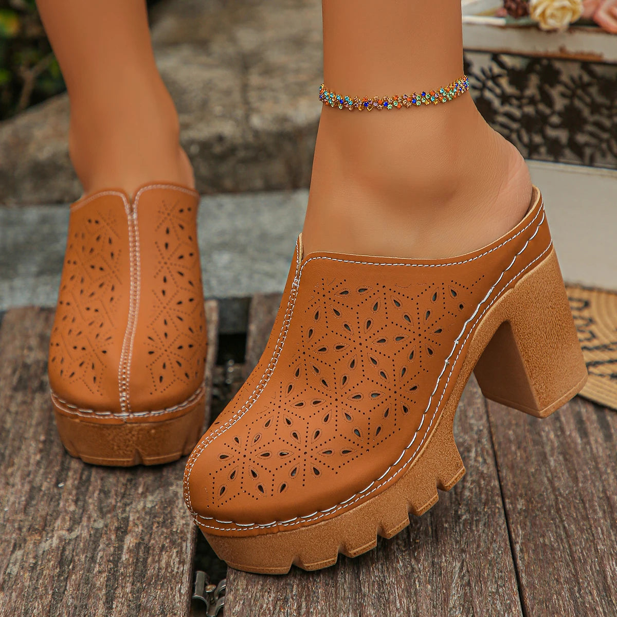 2025 Women High Heels Sandals Cover Toe Thick Heel Slippers Retro Round Toe Mules Shoes Women Comfortable Lightweight Sandals Zpaxo Orange 36