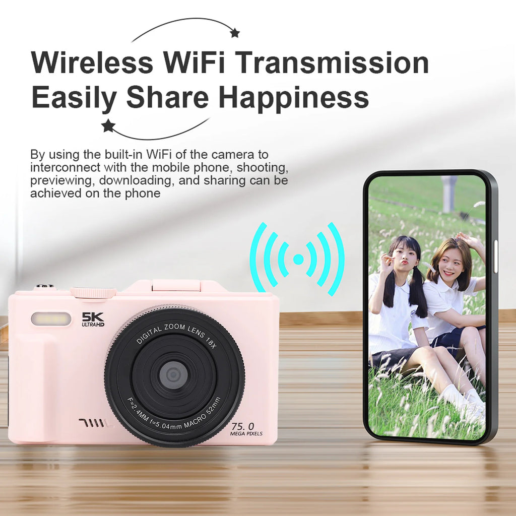 Wifi 75MP Vlog Camera Multifunctional Lightweight 18X Digital Zoom