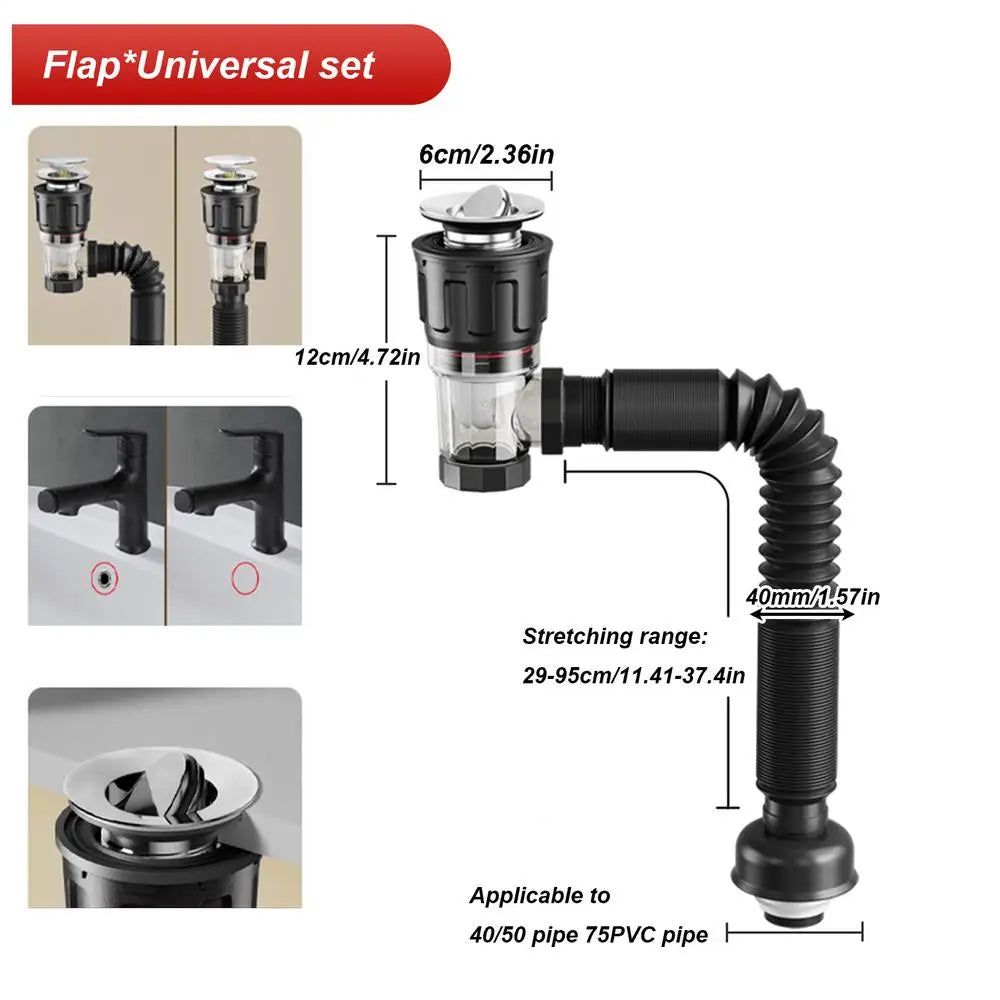 Flip Top Anti-Odor Drain Pipe Set Kitchen Sink Drain Retractable Deodorizing Filter Flexible Downspout Bathroom Anti Clogging Zpaxo Black China Mainland