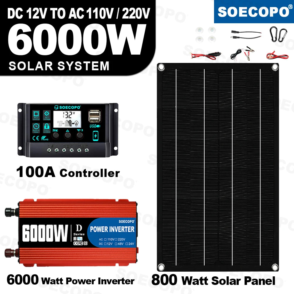 SOECOPO 6000W Solar Power System 800W Panel 100A Controller Alligator Clips Carabiner Hooks 12V to 110V 220V for Home RV CE FCC Zpaxo