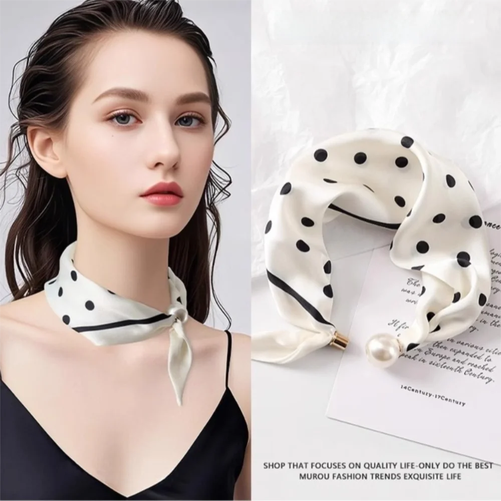 New Pearl Buckle Silk Scarf Thin Printed Neck Scarf Lightweight Soft Neckerchief Women Zpaxo