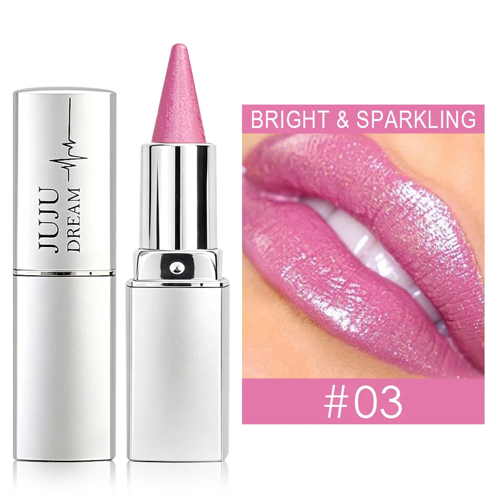 JUJU DREAM Elegant Pink Glitter Lipstick, Pearlescent Metallic Shine, Waterproof Long-Wear Lip Makeup for Women Zpaxo 03