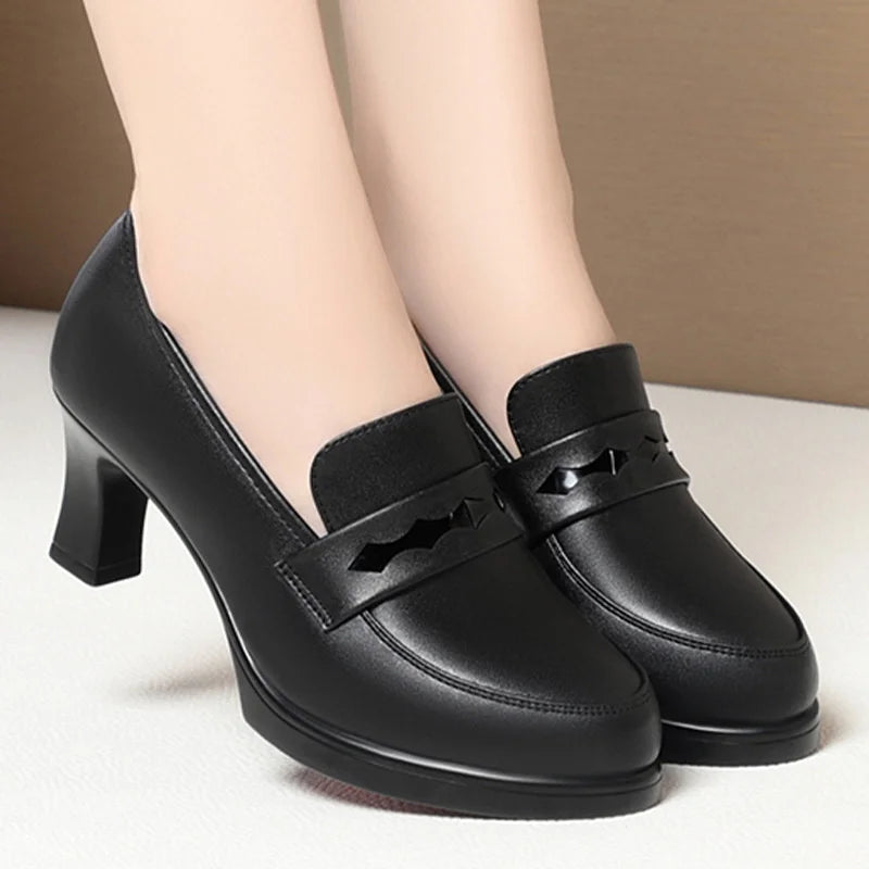 Cheongsam Shoes Heels Work Women's Black Loafer Catwalk Leather Zpaxo