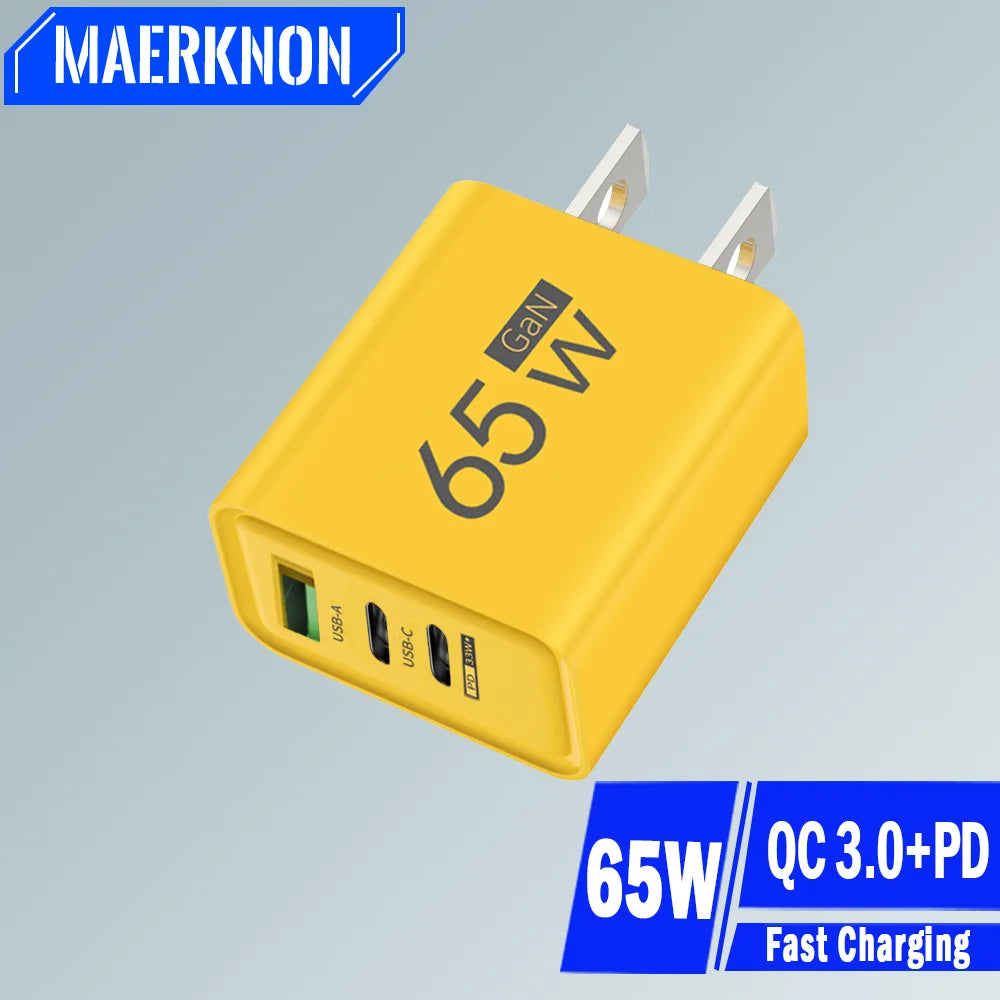 65W GaN USB-C Fast Charger PD 3.0 – 3-Port EU/US Wall Adapter GaN Wall Charger Zpaxo