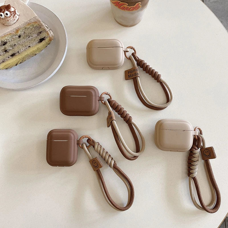 Silicone Earphone Case With Smiling Face Lanyard For Apple AirPods 4 3 2 1 Airpods Pro Milk Tea Color Headset Protective Cover Zpaxo