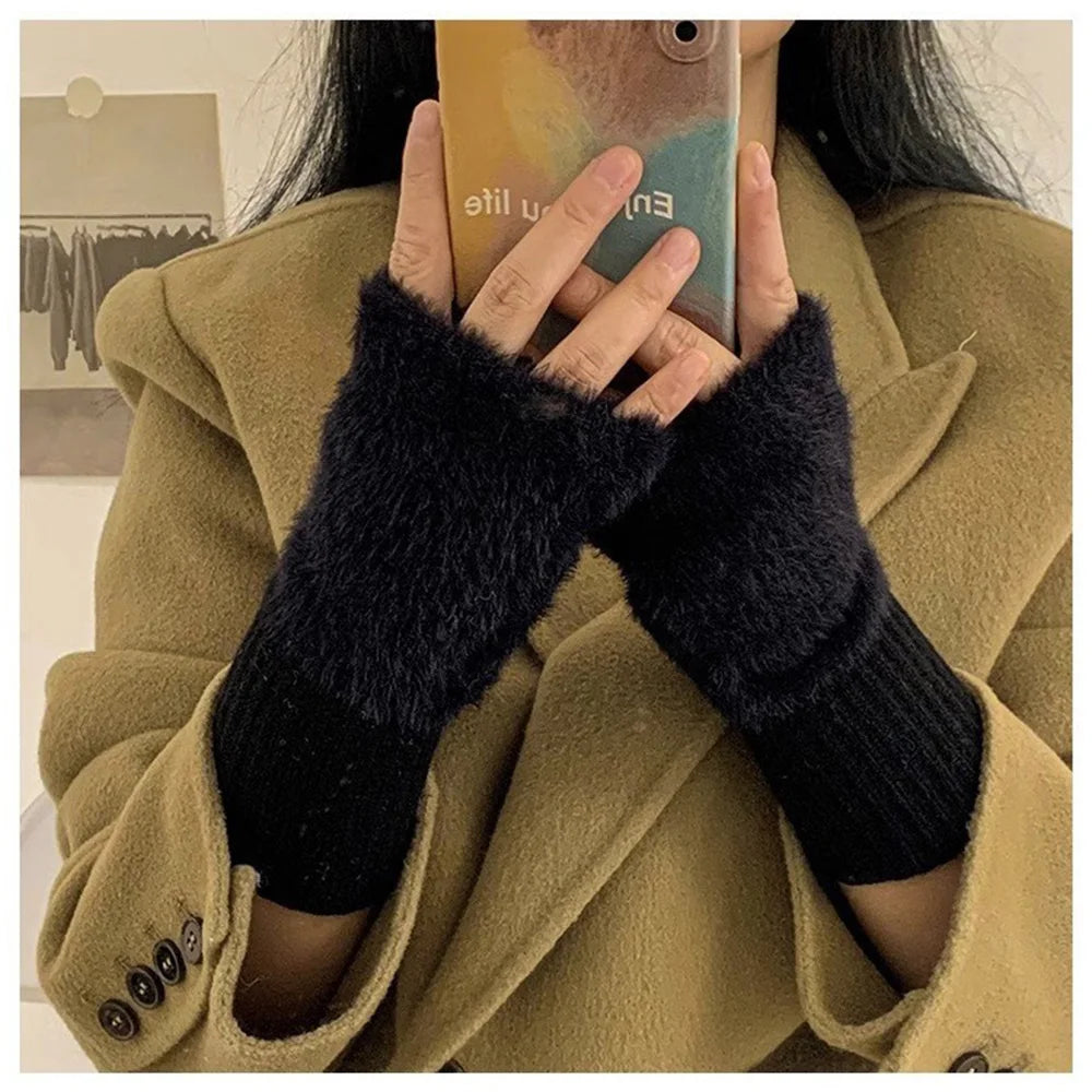 Autumn Winter Soft Mink Fleece Half Finger Gloves Women Plush Knitted Fingerless Gloves Wrist Mittens Driving Writting Gloves Zpaxo