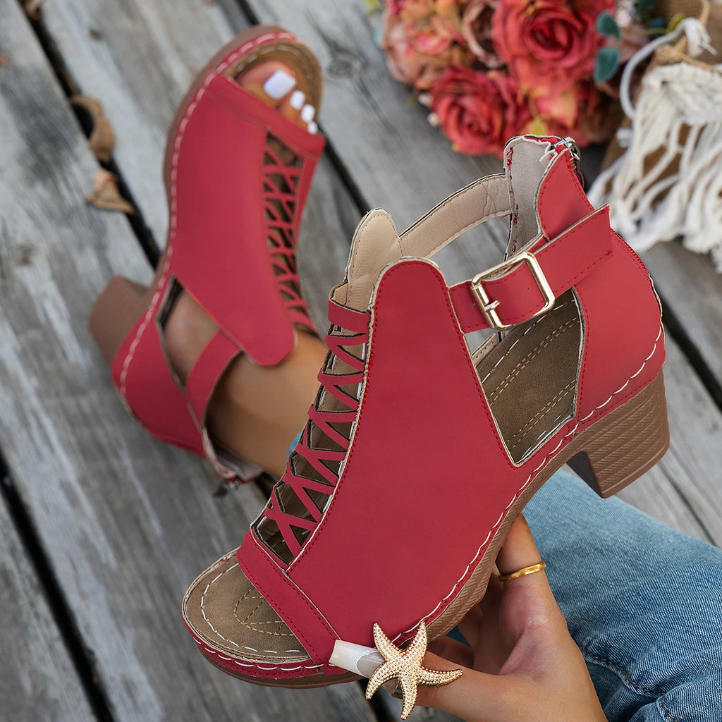 2025 New Women Chunky Heeled Sandals Outdoor High Heels Sandals Retro Peep Toe Cut-out Buckle Strap Shoes Women Zapatos De Mujer Zpaxo