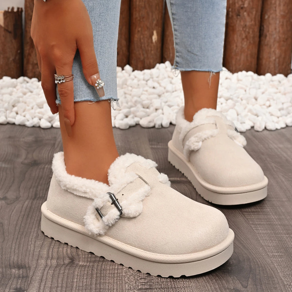 Women Boots Fashion Faux Fur Shoes for Women Winter Thick Bottom Non Slip Ankle Boots Warm Metal Belt Buckle Snow Boots Women Zpaxo