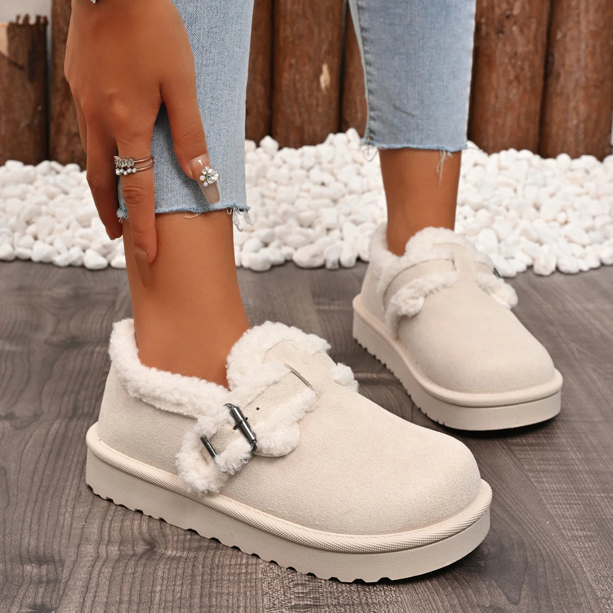 Women Boots Fashion Faux Fur Shoes for Women Winter Thick Bottom Non Slip Ankle Boots Warm Metal Belt Buckle Snow Boots Women Zpaxo