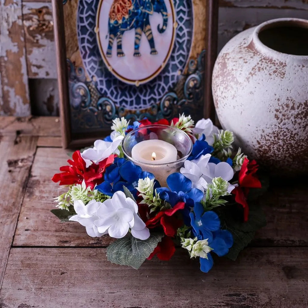 Hydrangea Candle Holder Wreath – Festive Artificial Flower Ring
