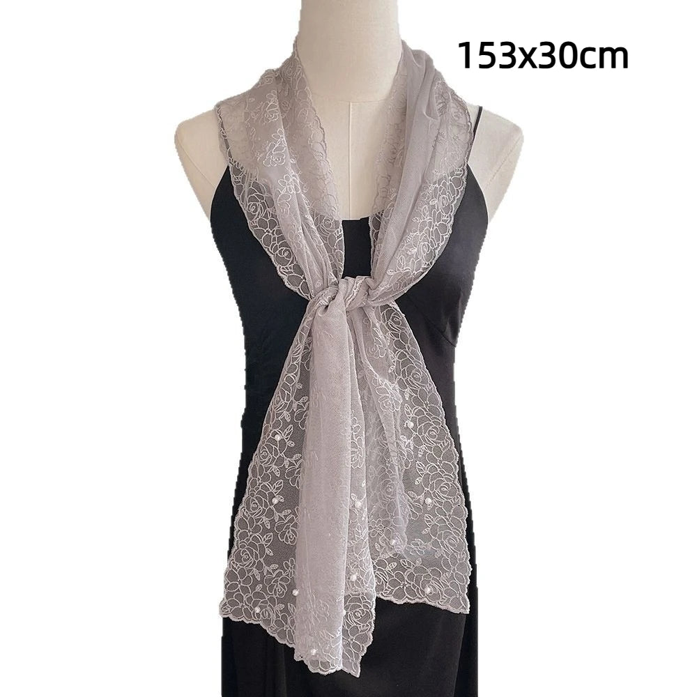 Spring Summer Thin Silk Scarf 153x30cm Soft Small Long Scarf Pearl Decorative Embroidered Flower Women Lace Shawl Zpaxo