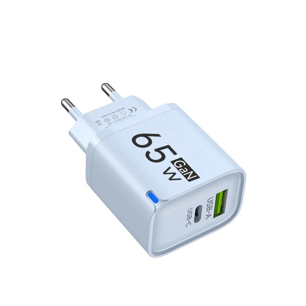 65W GaN USB-C Fast Charger – US/EU/UK Plug | PD Quick Charge USB-C Wall Charger Zpaxo EU Blue