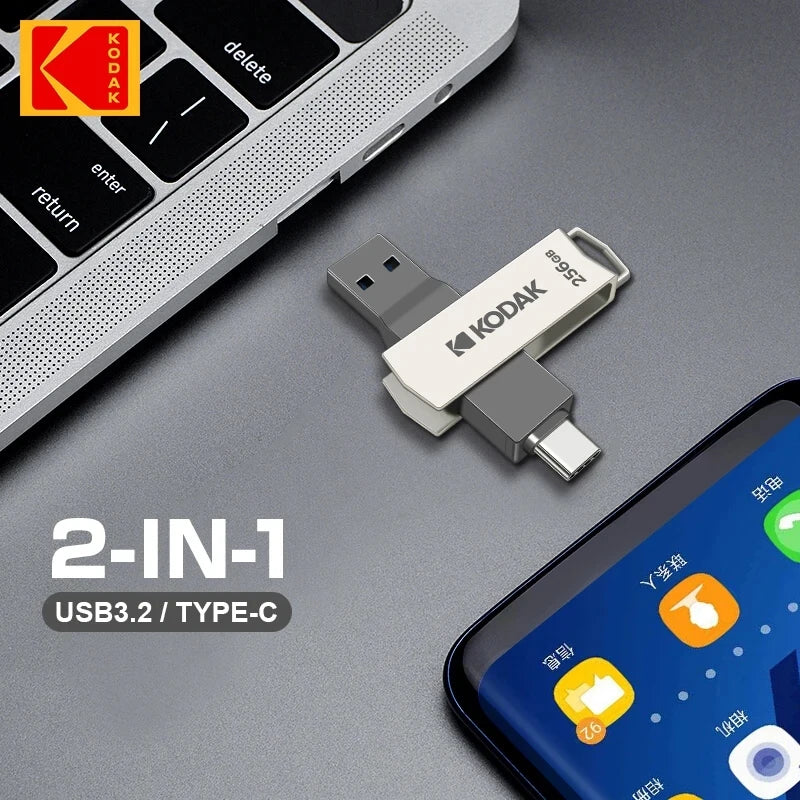 Kodak Type C Pendrive USB 3.2 Metal USB Flash Drive 128GB 64GB 32GB 256GB HDD 2 in 1 U-disk for Keys Smartphone Laptop Desktop Zpaxo