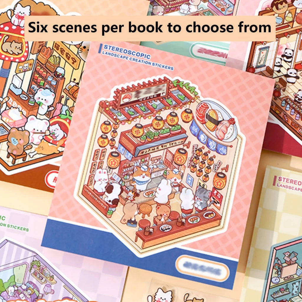18 PCS 3D Mini Book Scene Stickers, Teahouse, Pet Shop, Hot Pot Shop, Izakaya, Bakery, Creative Stackable Cottage Designs Zpaxo