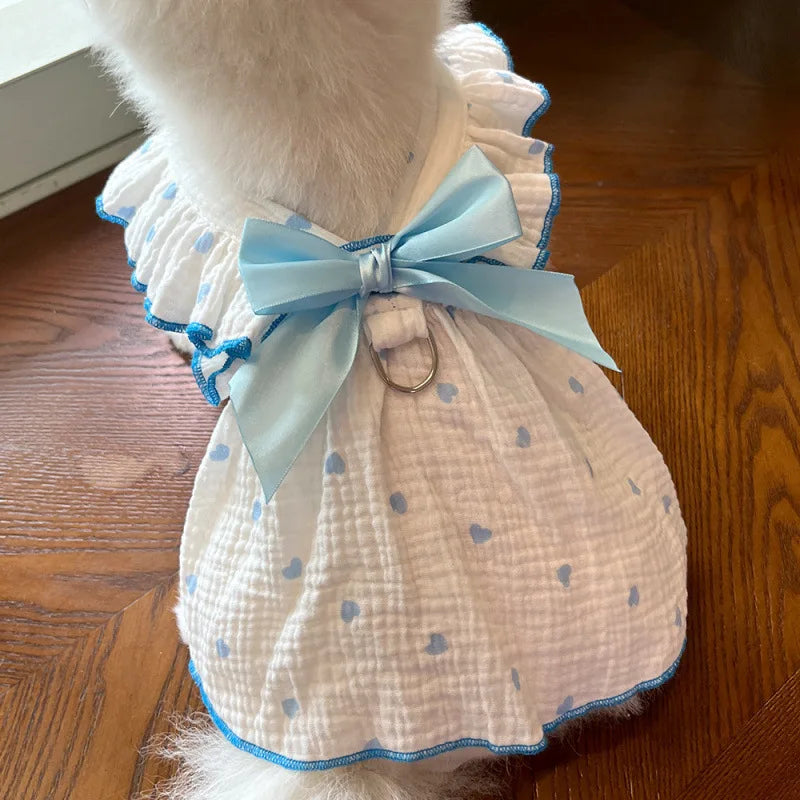 Pet dresses accessories clothes for spring and summer dogs cats teddy bears Pomeranians plush toys cat hearts all cotton fabric Zpaxo blue dress2PC M