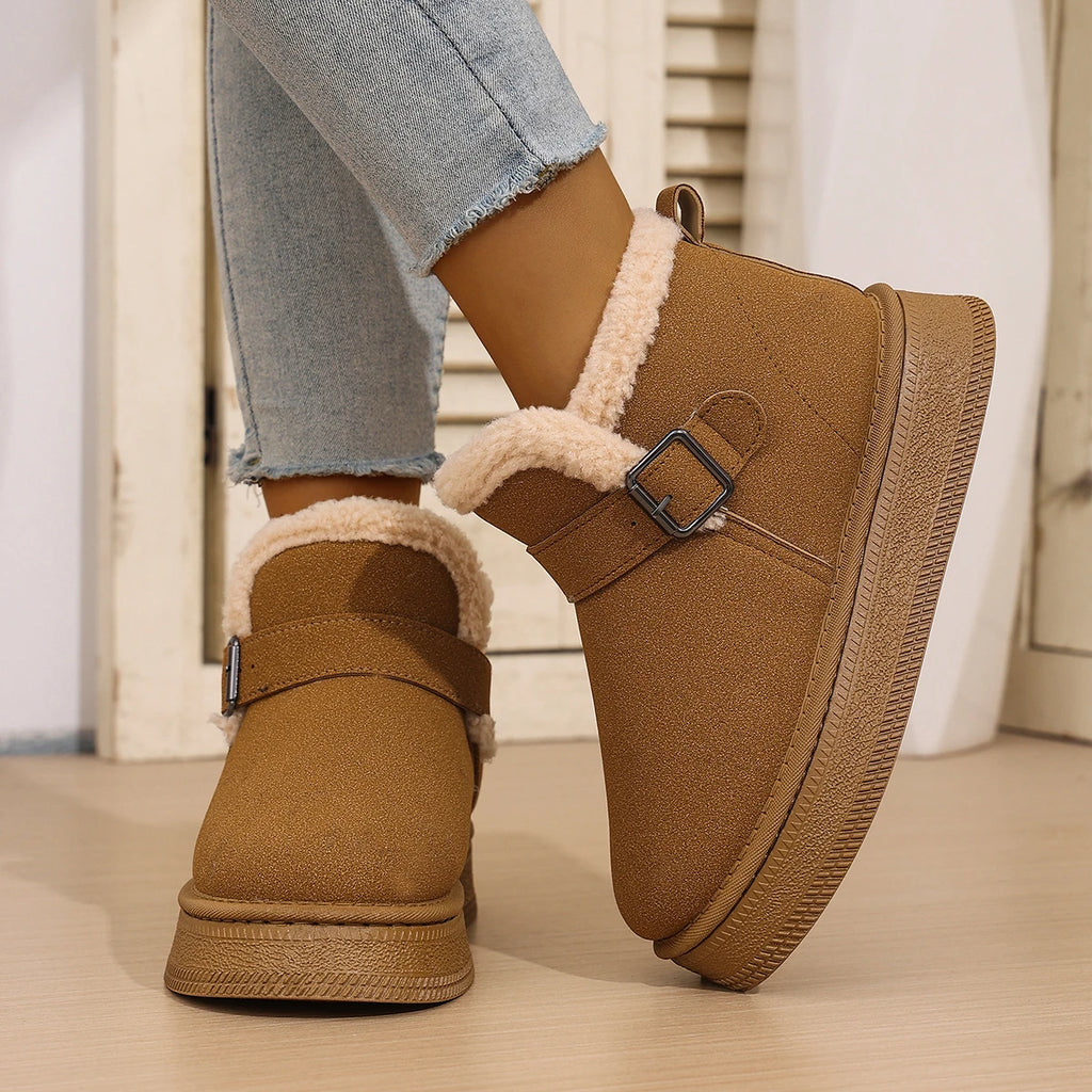 Flat Snow Boots Winter New Round Toe Deep Mouth Suede Metal Buckle Wool Protective and Non-slip Platform Warm Cotton Boots Zpaxo