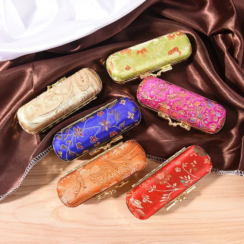 Inside & Snap-On Closure Retro Brocade Embroidered Flower Design Fashion Iron Clip Lipstick Case Holder With Mirror Zpaxo