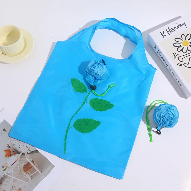 Rose Flower Foldable Shopping Bag Portable Large Capacity Folding Zpaxo Sky blue