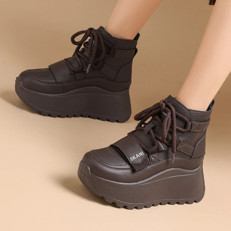 Womens Winter Leather Upper Boots Thick Fleece Lined Sneakers Height Zpaxo